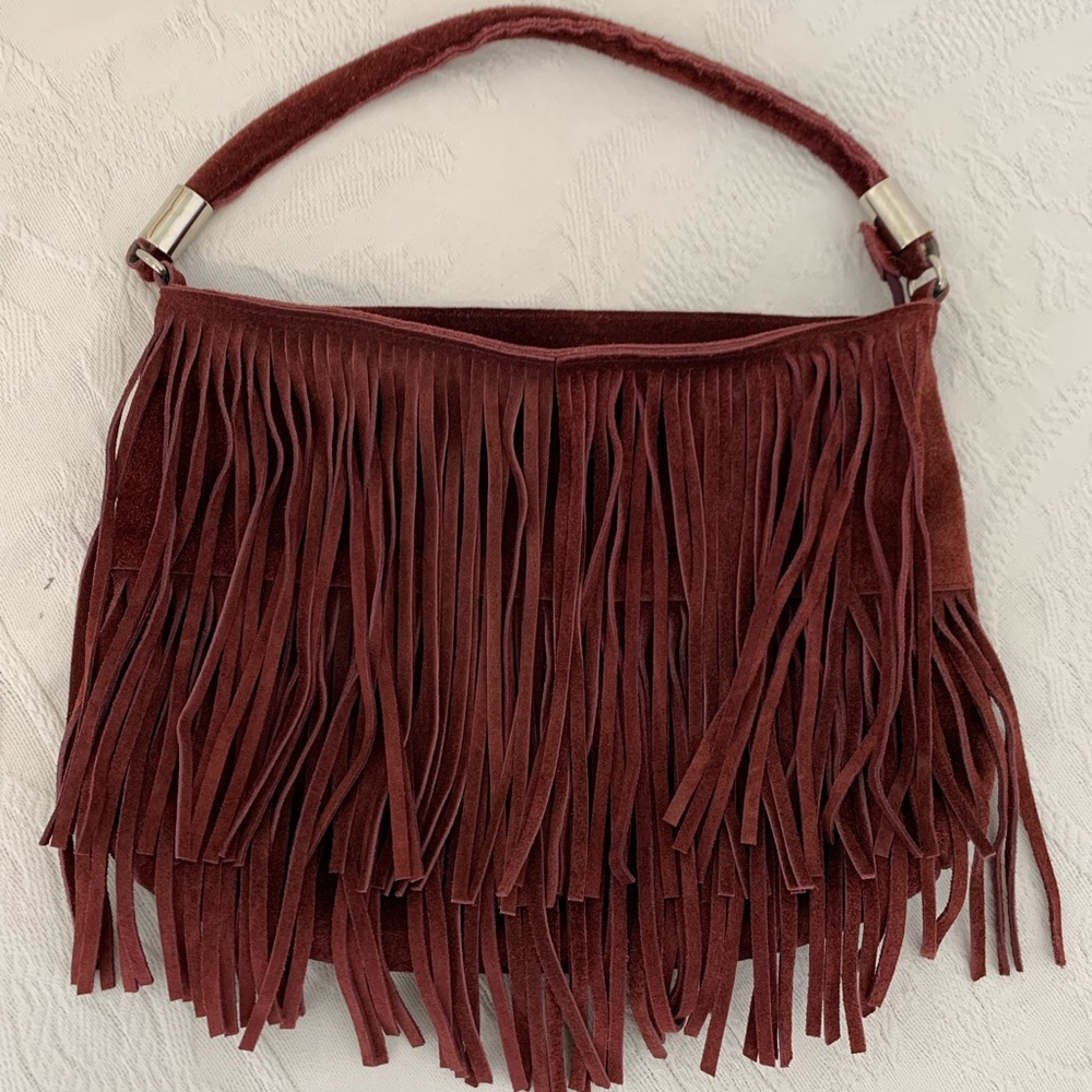 Prune suede fringe purse. Maroon.